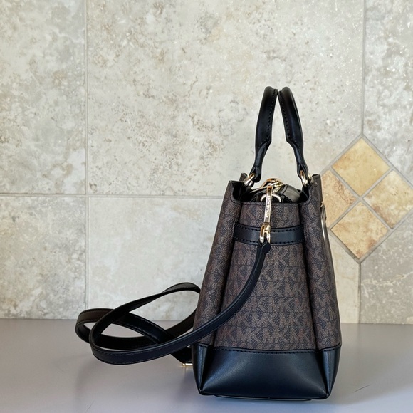 Michael Kors Reed Small Belted Satchel Shoulder Crossbody Bag MK Brown/Black - Picture 4 of 12